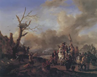 Approaching Troop of Soldiers with Sutlers and Children, Plundering a Farmstead